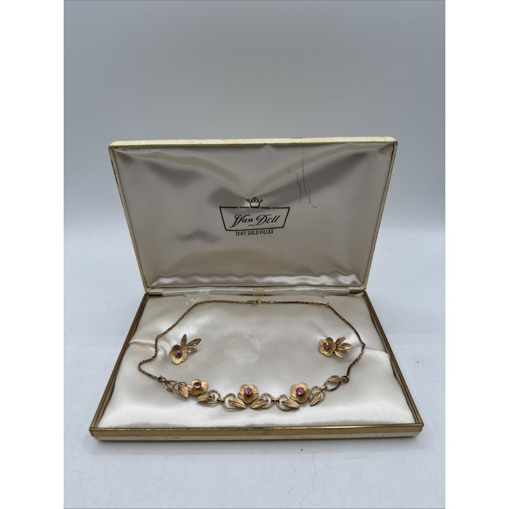 1960's Van Dell Floral Necklace and Earring Set 12kt Gold Filled W/ Pink Gems